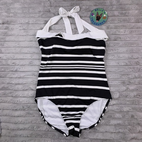 Ralph Lauren Sz 14 Kaylee Black White Striped Bandeau Halter Slimming‎ Swim Suit - Picture 1 of 10